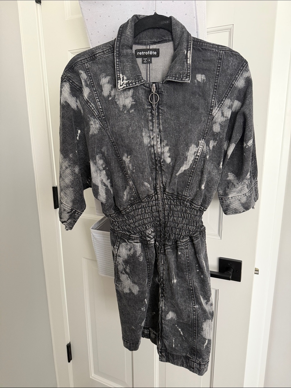 Retrofete Black and White Acid-Wash Zip Romper